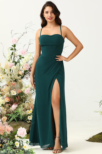 Pine A Line Corset Chiffon Bridesmaid Dress with Open Back